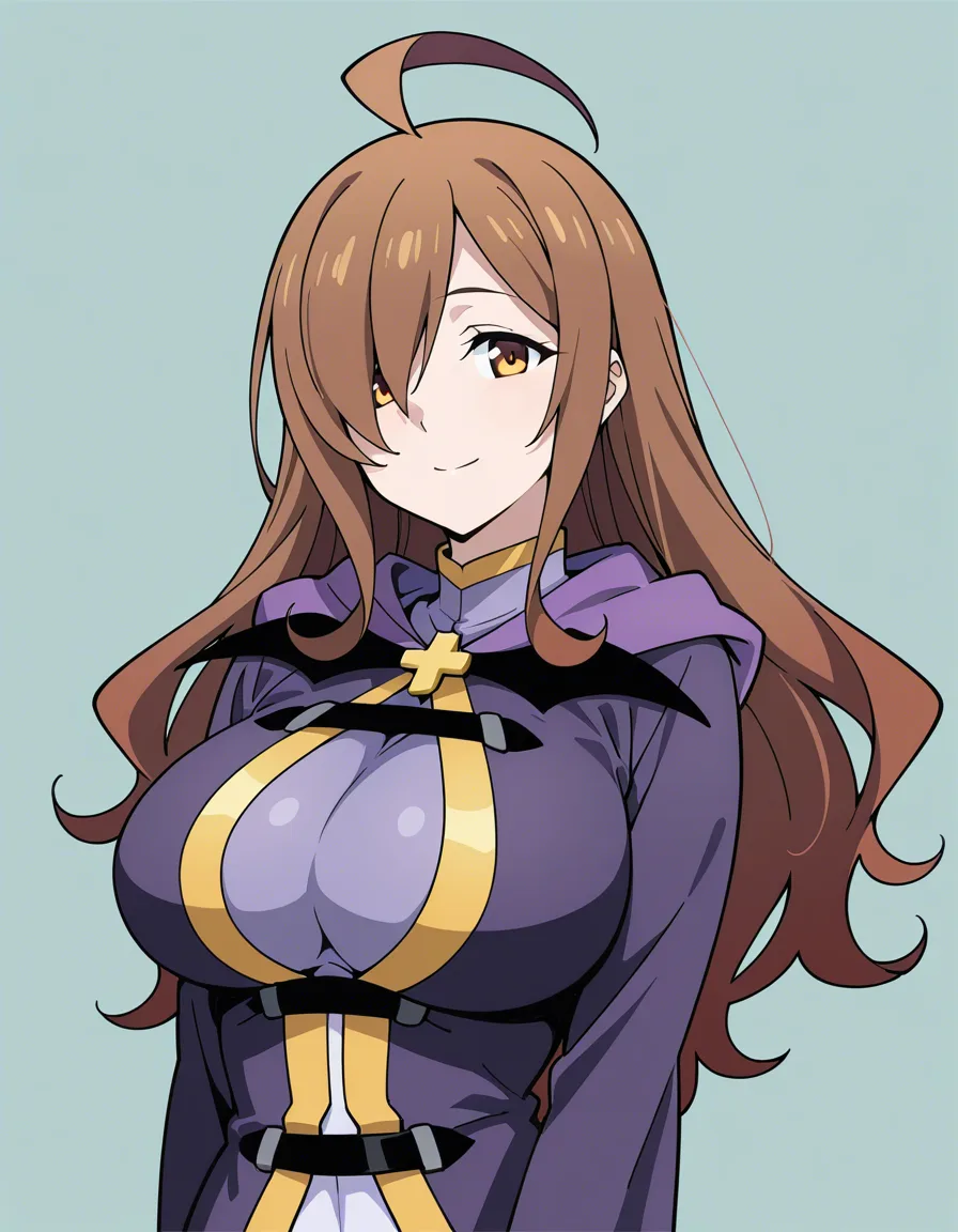 Wiz from KonoSuba, long wavy brown hair, ahoge, amber yellow eyes, large breasts, purple and yellow outfit, black straps, soft anime style, clean lineart, detailed face, high quality, hentai_studio_quality