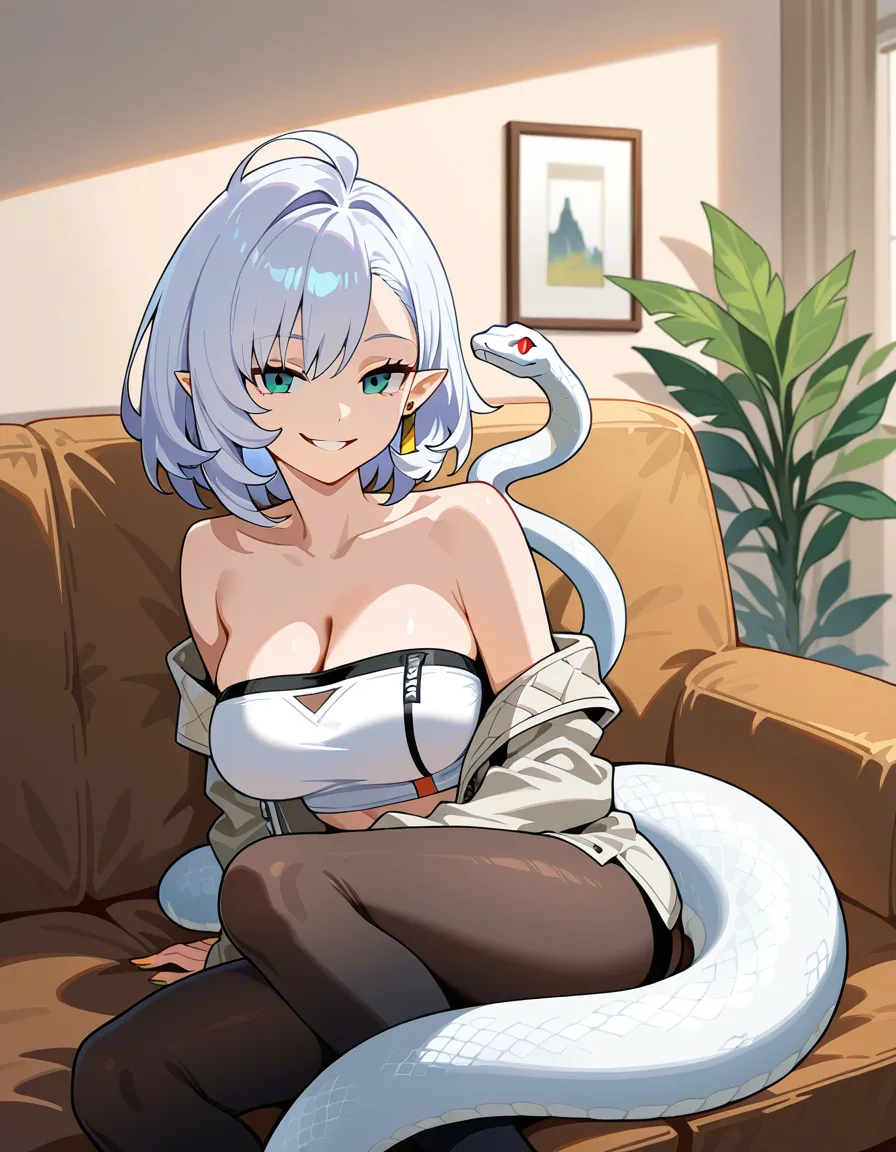Female, cissia (zenless zone zero), solo, living room, snake girl, evil smile, hentai_studio_quality