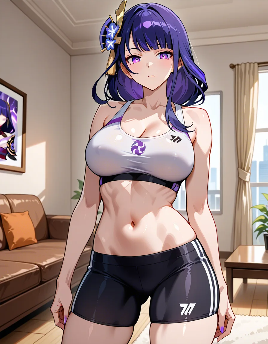 Femal, Raiden shogun, solo, living room, elemental humanoid, lightning elemental, bimbo, athletic female, hentai_studio_quality