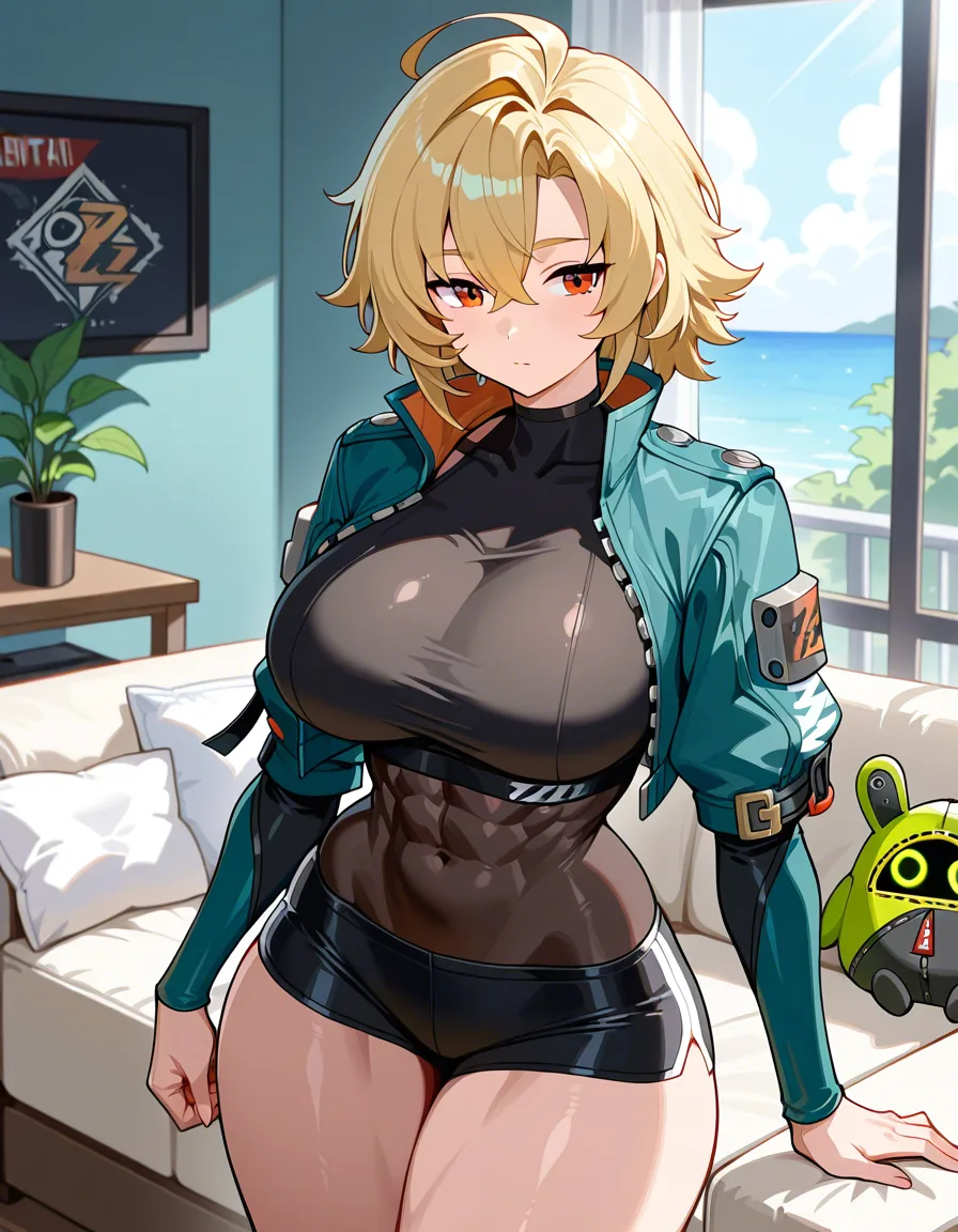 Femal, @burnice_white, zenless zone zero, solo, living room, athletic female, curvy figure, massive female, mature female, muscular female, massive muscule, blonde hair, booty shorts, cropped jacket, hentai_studio_quality