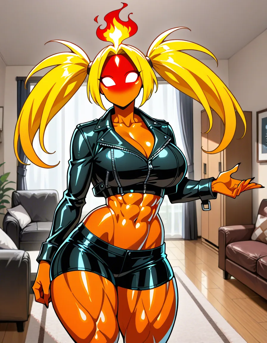 Female, solo, living room, athletic female, curvy figure, massive female, mature female, muscular female, massive muscule, blonde hair, booty shorts, cropped jacket, leather jacket, exposed midriff, twintails, fire elemental, elemental creature, humanoid, anthro, hentai_studio_quality, hentai_studio_quality, hentai_studio_quality