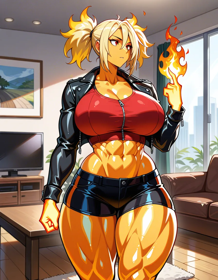 Female, fire elemental, elemental creature, solo, living room, athletic female, curvy figure, massive female, mature female, muscular female, massive muscule, blonde hair, booty shorts, cropped jacket, leather jacket, exposed midriff, twintails, hentai_studio_quality