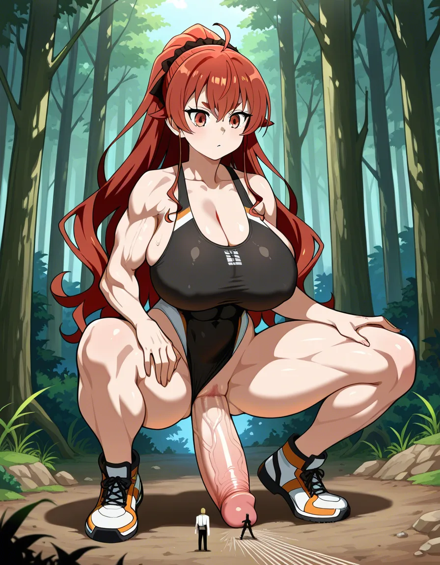 @eris_greyrat, @rudeus_greyrat, athletic female, huge_breasts female, hude muscles female, sex, forest, huge penis male, full body, hentai style, short male, tall female, giantess, hentai_studio_quality