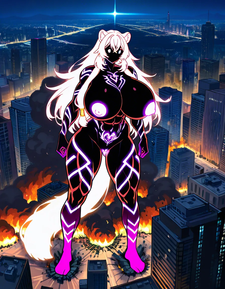 @raphtalia, maturn female, muscular female, tattoo body, tattoo arms, tattoo breasts, tattoo thighhighs, tattoo legs, tattoo head, glowing tattoo, glowing hair, glowing nipples, glowing pussy, glowing tail, full_body, gigantic female, solo, outdoors, stomp, city on background, giantess, hentai style, destruction, 5 fingers, 5 toes, earthquake, curvy female, macro, nude, /best_quality, /masterpiece, hentai_studio_quality