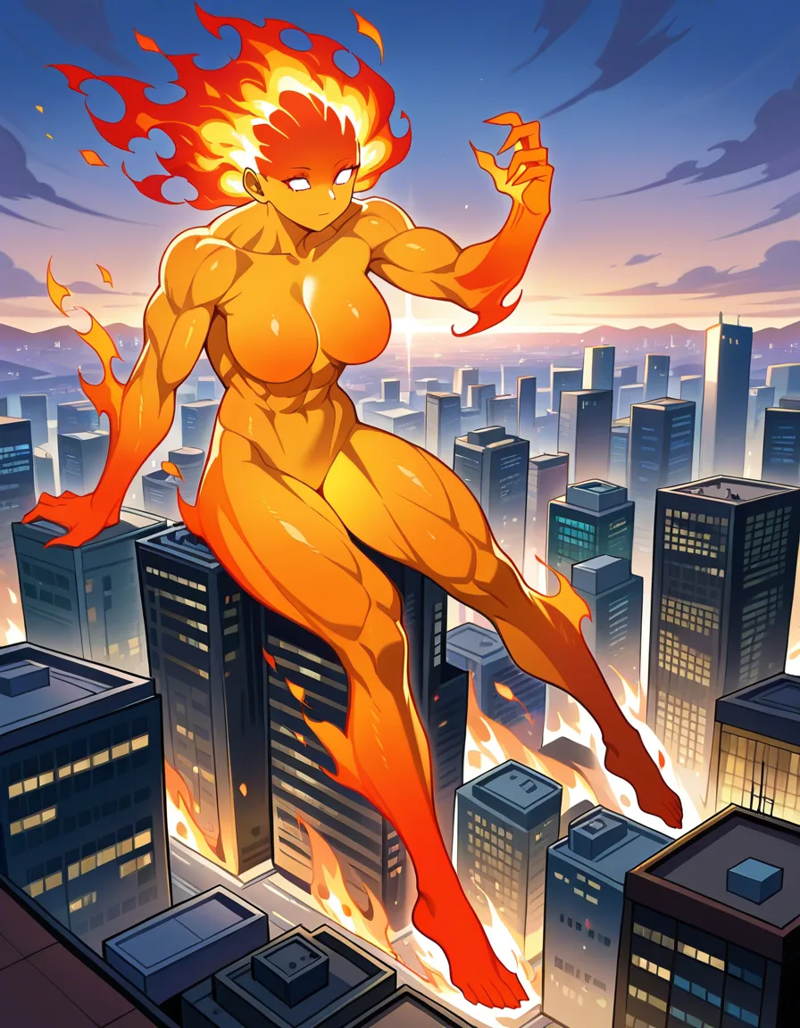 @fern_(sousou_no_frieren), elemental girl, fire elemental, solo, fire body, fire hair, fire head, mature_female, full body, muscular_female, nude, city, giantess, hentai_studio_quality