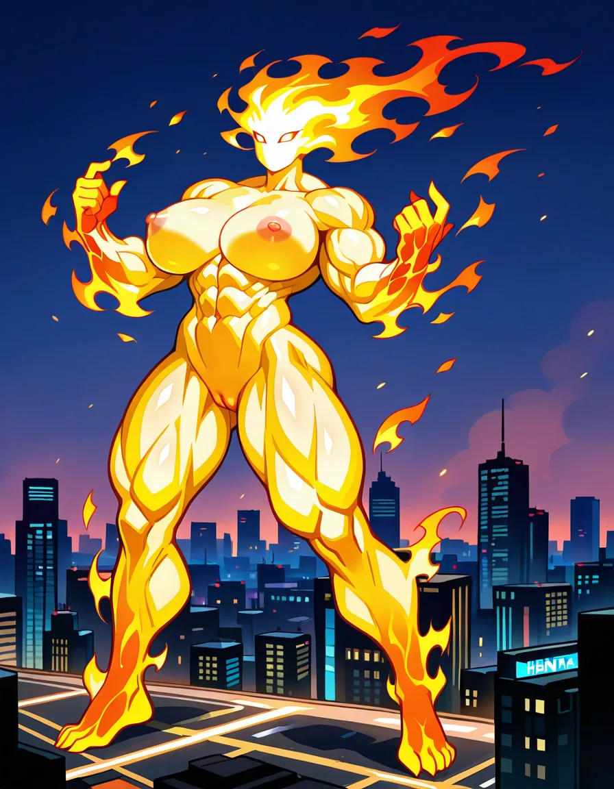 elemental girl, fire elemental, solo, flaming body, flaming hair, flaming head, mature_female, full body, nude, nipples, pussy, muscular_female, gigantic muscular, city, hentai_studio_quality