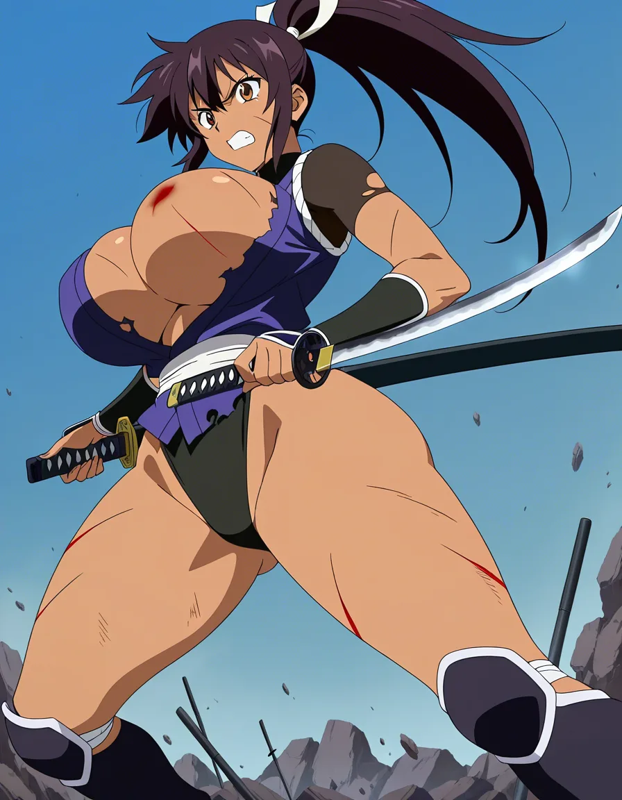 Girl, dark-skinned_female, ninja, gigantic_breast, Gigantic_ass, torn_clothes, katana, angry, injury, Multiple_cuts, destroyed_shirt, Exposed_breasts, (anime style:1.3), 2d, anime screencap, cel shading, flat color