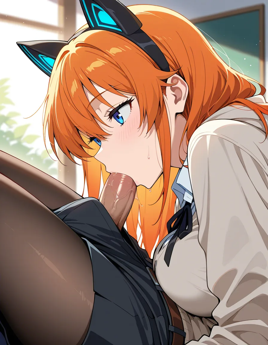 masterpiece, best quality, couple, fake animal ears, pantyhose, blowjob, relaxed mood, vivid anime colors, hentai_studio_quality