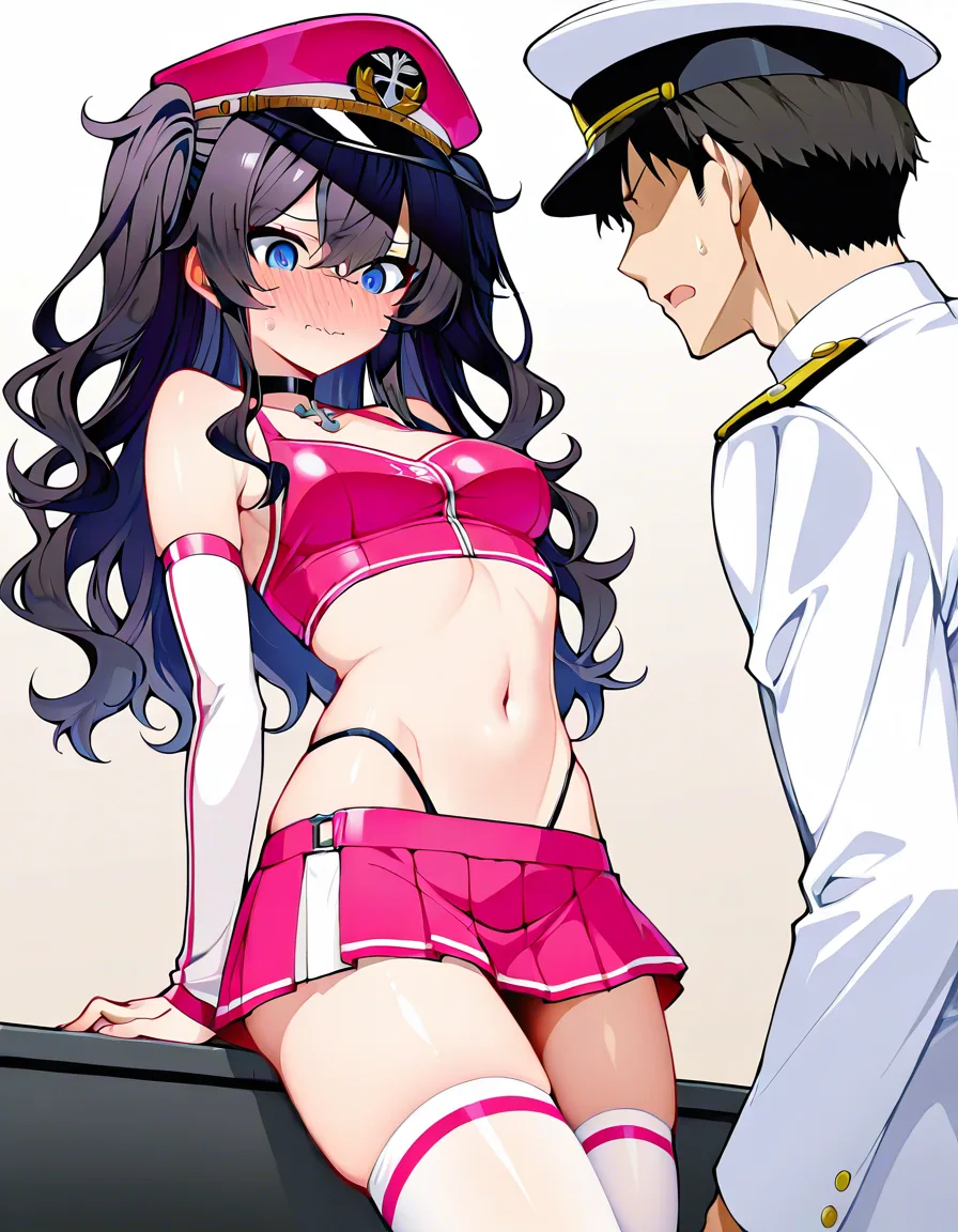 /masterpiece absurdres /sharp_focus outline 1boy commander_(azur_lane) peaked_cap black_hair wavy_hair short_hair blue_eyes male_focus crossdressing pink_skirt miniskirt thong crop_top detached_sleeves white_thighhighs choker embarrassed blush looking_to_the_side wavy_mouth, hentai_studio_quality