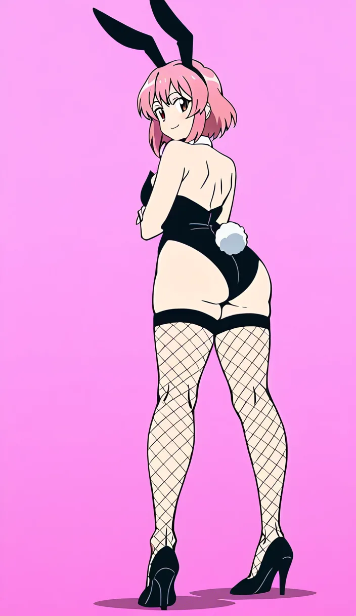 1girl, solo, adult woman, anime style, bunny girl, from behind, looking back, rabbit ears, rabbit tail, black high-leg bunny suit, ass focus, plump ass, fishnet stockings, high heels, long pink hair, soft smile, detailed face, detailed body, highly detailed, soft lighting, seductive