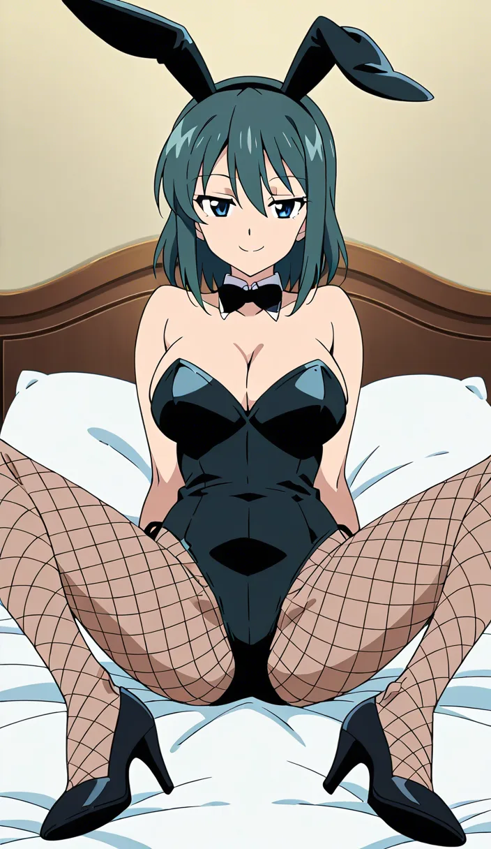 1girl, solo, adult, anime, bunny girl, rabbit ears, black bunny leotard, white cuffs, bowtie, fishnets, high heels, sitting on bed, legs spread slightly, large breasts, cleavage, seductive smile, looking at viewer, detailed eyes, detailed face, anime style, high quality, sharp details