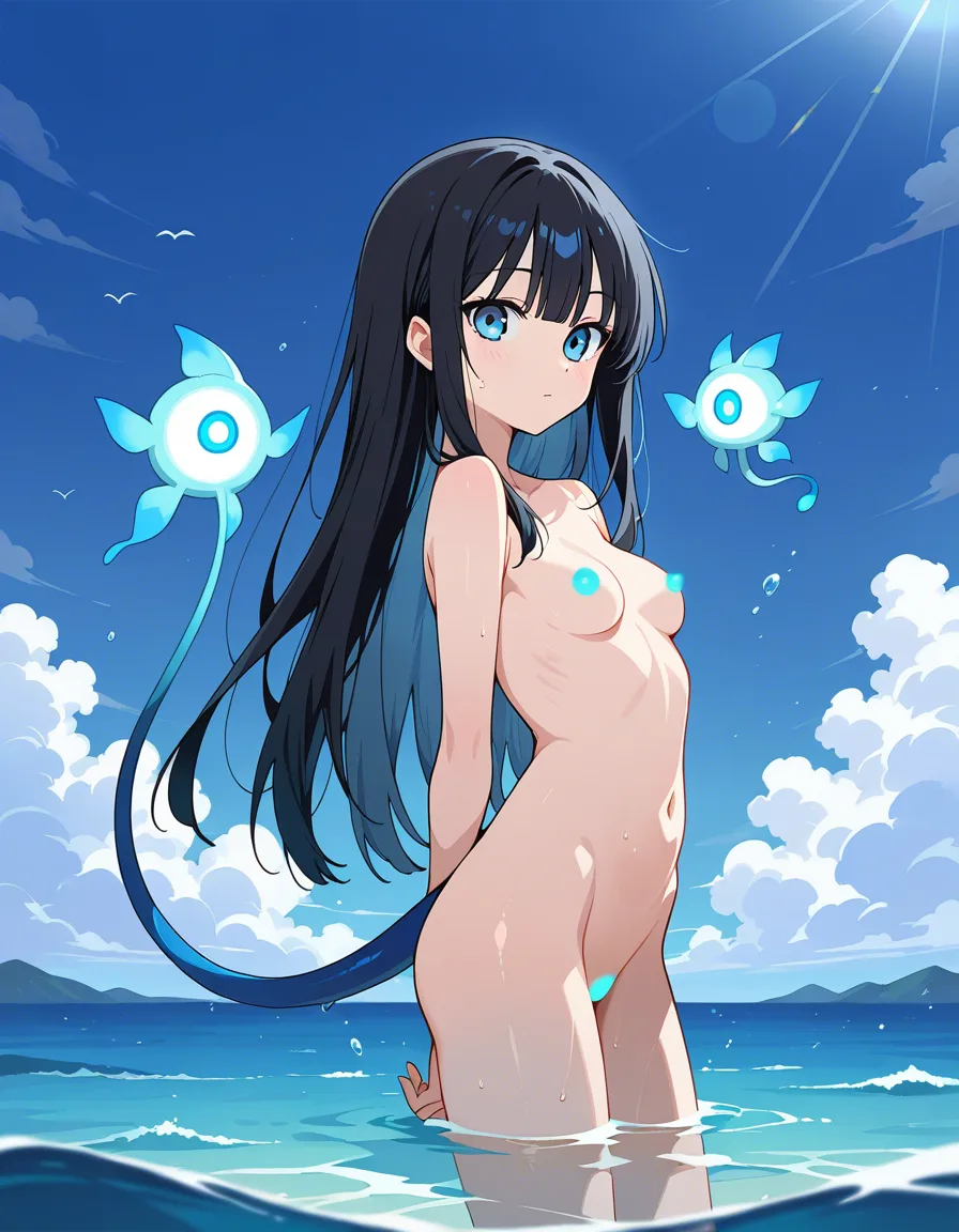 A small siren, age 18, siren tail to hips deep blue coloured, nude small breasts, long black hair, sky blue eyes, swimming in the ocean, hentai_studio_quality
