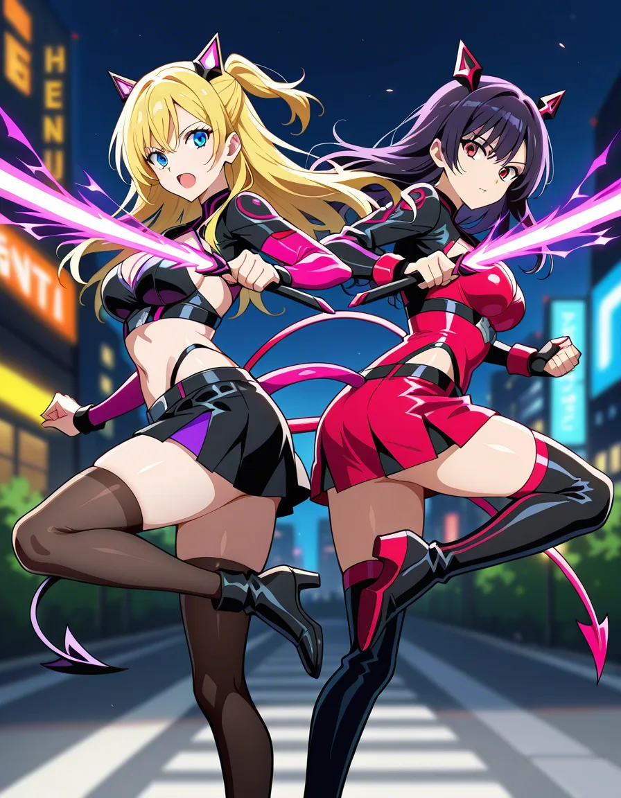 highres, vivid, 2girls, black thighhighs, tail, leg up, blurry background, wild energy, anime style, hentai_studio_quality