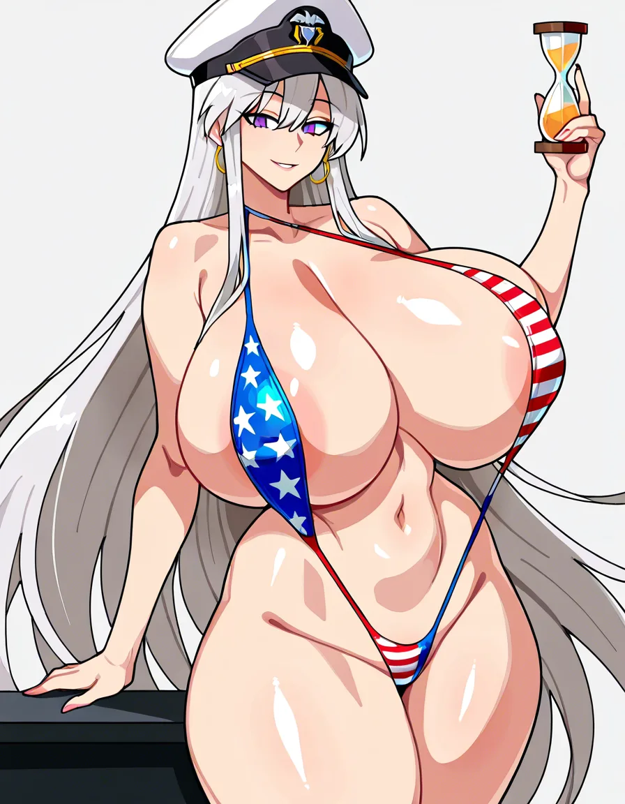 @enterprise_(azur_lane) , mature_female, thin_american_flag_slingshot_swimsuit, hat, absolutely_thick_hot_bimbo, absurdly_huge_breasts_bigger_than_head, M_cup_massive_tits_size_bigger_than_body, narrow_waist, hourglass_body, armpits, arms_up, bathroom, , no_light, nipple_slip, looking_at_viewer, shameless_view, bad_anatomy, sexy, busty,, not_embarassed_expression, Sexy huge_ass, full_body o_o, cover, front-view, (anime style:1.3), 2d, anime screencap, cel shading, flat color