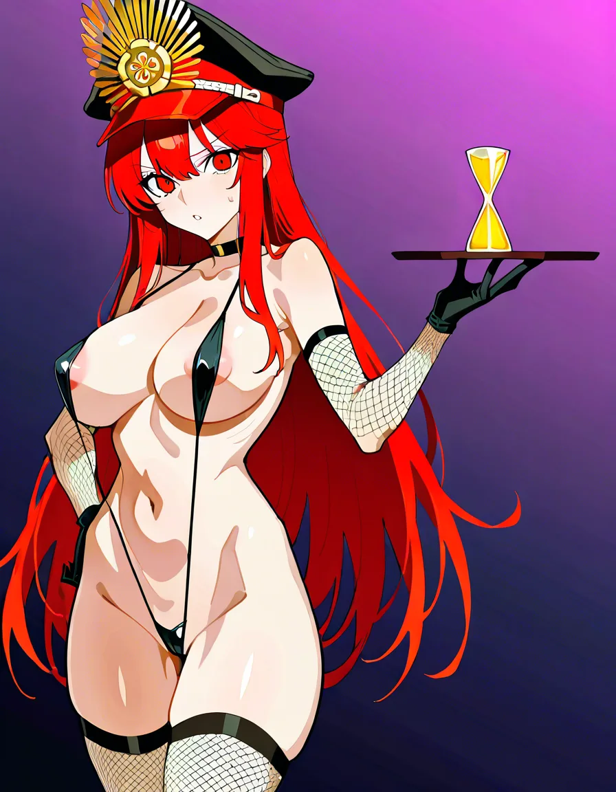 @oda_nobunaga_(fate) with her hat, she has a thin black micro_bikini slingshot swimsuit, a black fishnet_thighhighs and black fishnet_arm_stockings with nipple_slip, and a fit lean mature hourglass figure body slut, her face changed into adult version of her, shes caught in the act embarassed with horny look, and slightly shocked, looking at viewer while shes arms up armpits, with massive breasts, busty e-cup breast size, and huge ass with bad_anatomy but sexy. She has a big long white 16-cm futanari cock of her, while cumming excessive. On a bathroom, and she is showering. sexually_suggestive. Ecchi style, hentai style, very exaggerated proportion, accurate suggestion, futanari, cum, very detailed veiny-cock, huge_cock, saggy_huge_balls, visual_Orange_lighting, explicit suggestion, eye_rolling, accurate_depiction, hot., (anime style:1.3), 2d, anime screencap, cel shading, flat color