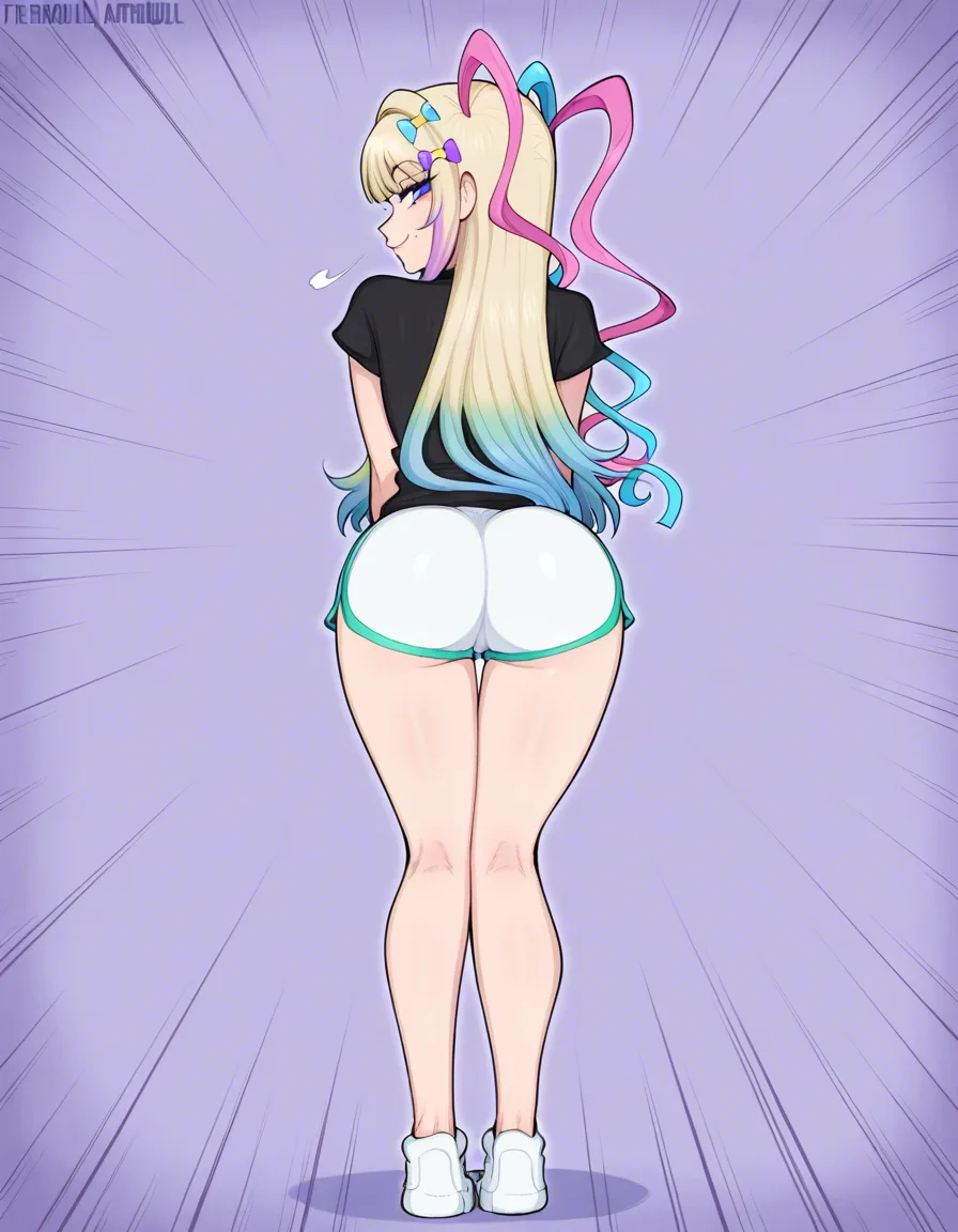 #afrobull_artstyle, @chouzetsusaikawa_tenshi-chan, 1girl, solo, long_hair, hair_down, naughty_face, dolphin_shorts, white_shorts, ass, full_body, standing, looking_back, from_behind, hentai_studio_quality