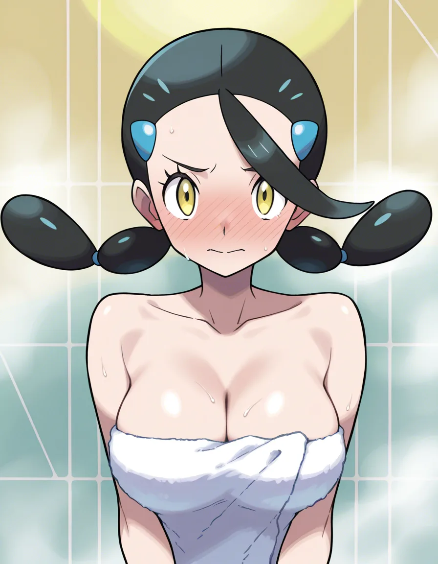 #sugimori_ken_artstyle, @candice_(pokemon), pokemon, 1girl, solo, black_hair, twintails, multi-tied_hair, blue_hairclip, yellow_eyes, full-face_blush, embarrassed, naked_towel, collarbone, cleavage, large_breasts, facial, facing_viewer, upper_body, pov, hentai_studio_quality