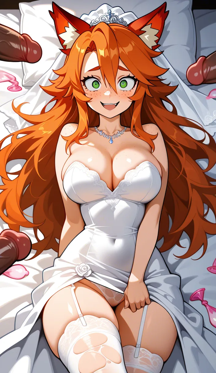 gangbang, long_dress, very_long_hair, wedding_dress, torn_stockings, bridal_garter, orange_hair, narrow_waist, thin, wide_hips, big_eyes, foxy_eyes, seductive green eyes, buffy's face, freckles, bed, used_condom, strikingly beautiful, fresh, radiant complexion, drunking smile, excited, pleasure face, orgasm, torn thighhighs, torn panties, laying, natural lighting, 18 year old woman,