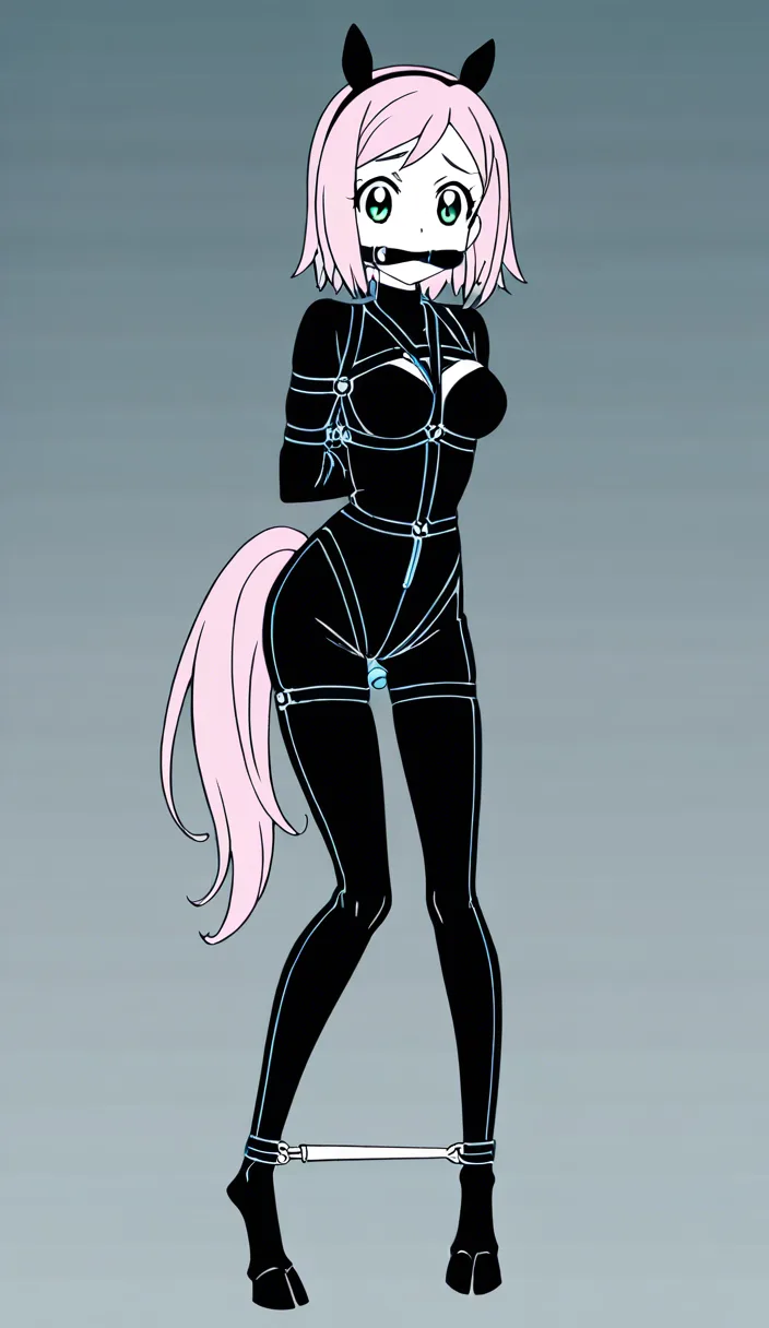 Sakura Haruno dressed up in a ponygirl harness bondage suit with a gag in her mouth and a pony tail butt plug with black hooves on her hands and feet being forced to walk with high knees Make it so that her hands are tied behind her back and she has a leash on that is connected to a giant track above her that forces her to walk with high knees