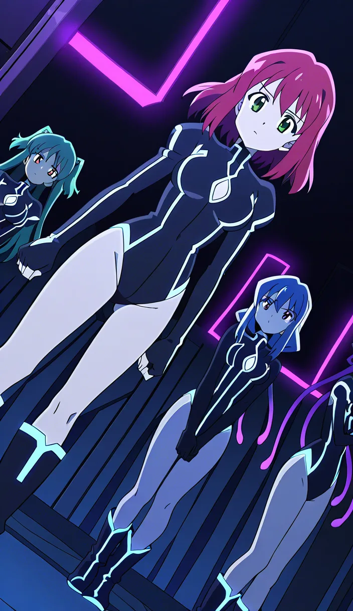 professional photo, high detail, 4girls, thighs, boots, tentacle, dutch angle, neon glow, dslr quality