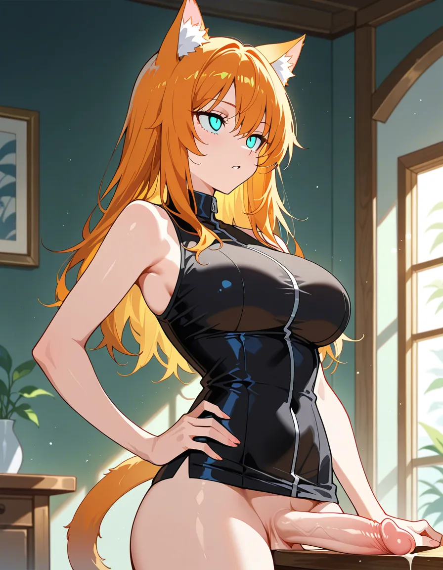 masterpiece, clean art, catgirl, hand on own hip, sleeveless, futanari, table, lustful eyes, explicit anime render, hentai_studio_quality