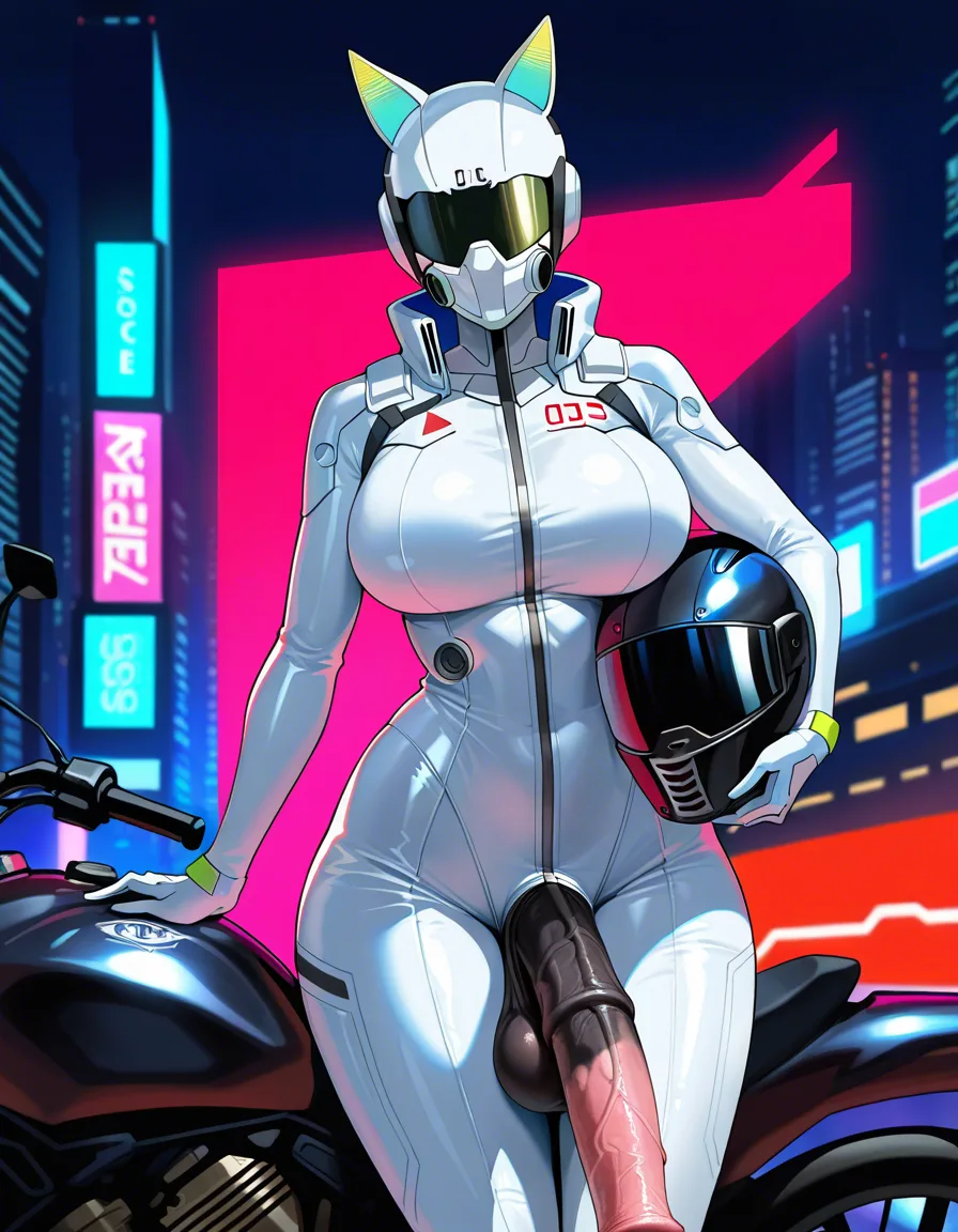Narrow shoulders,insanely wide hips,large breasts,horse penis futanari,large horse penis,white latex jumpsuit,motorcycle helmet with cat ears,cyberpunk city,masterpiece,detailed shading,best quality,high detail, score_9, score_8, 3d render, octane render, subsurface scattering, ray tracing, smooth shading