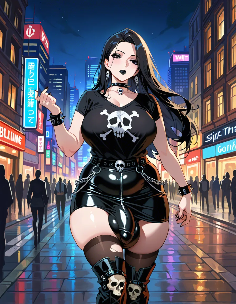 high detail,best quality,masterpiece,milf,futanari,goth,long black hair,black lipstick,plump lips,torn black t-shirt with a skull on it,black thigh highs,black boots with buckles on them,short black skirt,black nail polish,spiky wristbands,spiky choker,big bulge,nighttime,city street,soft neon lighting,front view, hentai_studio_quality