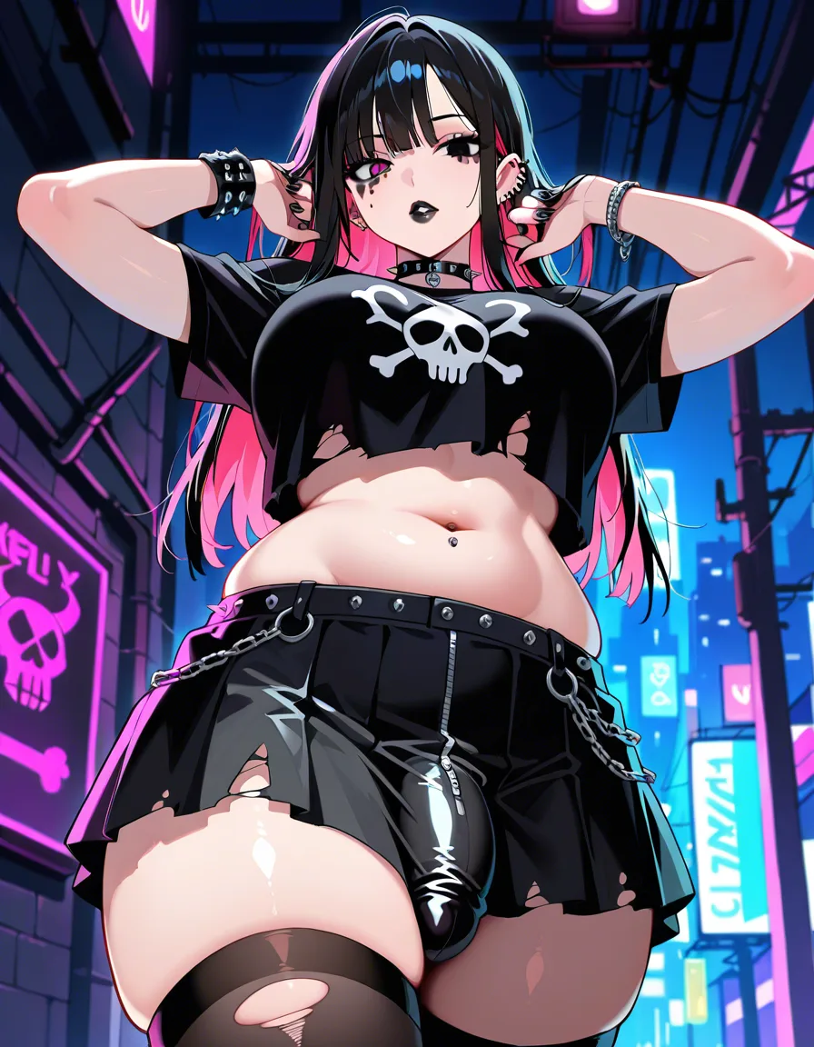 Best quality,high detail,masterpiece,soft pink lighting,goth,futanari,long black hair,black lipstick,plump lips,black thigh highs,short black skirt,torn black t-shirt with a skull on it,visible stomach,multiple ear piercings,bellybutton piercing,black nail polish,spiky wristbands,spiky choker,black eye shadow,chubby,bbw,large breasts,insanely plump hips,insanely plump thighs,large ass,nipple bulge,big bulge,laying on her back,bedroom,laying on a bed,bright vibrant colors,above view, hentai_studio_quality