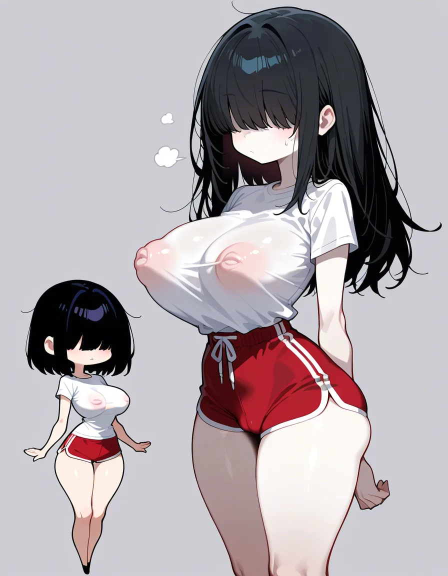Ultra high detail, best quality, cute, very small woman, insanely short, shortatack, big head, short arms, short legs, long black hair, bangs, hair covering her eyes, pale skin, very large breasts, insanely top heavy, narrow hips, thin thighs, small ass, narrow shoulders, red shorts, white t-shirt, large inverted nipple bulge, chubby, front view, hentai_studio_quality