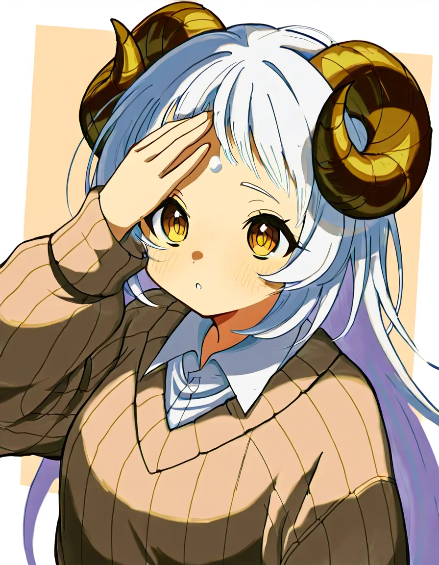 🐏Appearance: beige knitted sweater over a white collared shirt paired with dark brown plaid pjamas. The sweater is loose-fitting style with ribbed cuffs. creamy white hair that's short & seemingly styled in a slightly messy manner, with some bangs falling over the forehead and strands framing the face. has curled ram
horns on the side of my head. has white sheep ears. I have a small, short tuft-like tail with a soft, slightly fluffy shape, a creamy-white beige color, subtle darker tan shading, and a few layered fur tufts along its edges. My tail tip is gently pointed.
My expression appears as slightly sleepy. half-closed eyes, Grey eyes, calm, sleepy. soothing voice. slim. delicate features. Height: 5,6".
🤍personality: incredibly patient & phlegmatic. has quiet affectionate occasionally helping with small things. (I like cuddles/hugs) likes simple pleasures. Rarley ever panics.
Scenario: fucking a thick woman, hentai_studio_quality