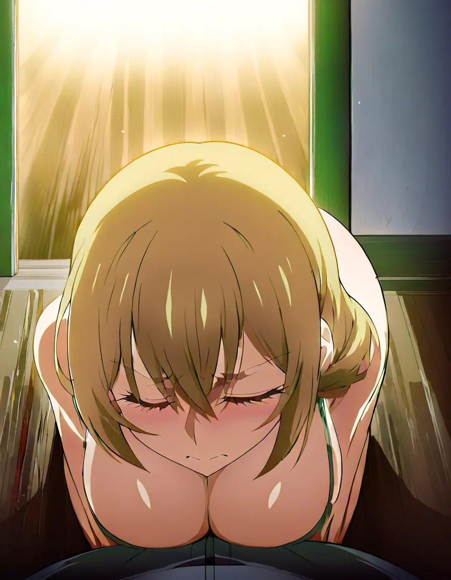 beautiful 23 year old anime futa girl, kneeling on the floor in a quiet cafe, head deeply bowed, eyes closed in fear, anxious expression, huge heavy detailed cock and huge balls resting against the floor, soft warm lighting, the clear feeling she is waiting for someone to speak, mature adult features, highly detailed anime style, (anime style:1.3), 2d, anime screencap, cel shading, flat color