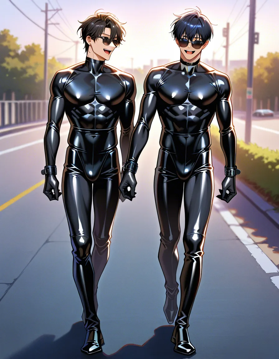 2boys, sunglasses, smile, open_mouth, bdsm, score_9, score_8, candid photo, realistic skin texture, visible skin pores, film grain, depth of field, yaoi, full_body, walking, latex,, score_9, score_8, candid photo, bdsm, black_choker, hentai_studio_quality, outdoors, forest , tree, hentai_studio_quality