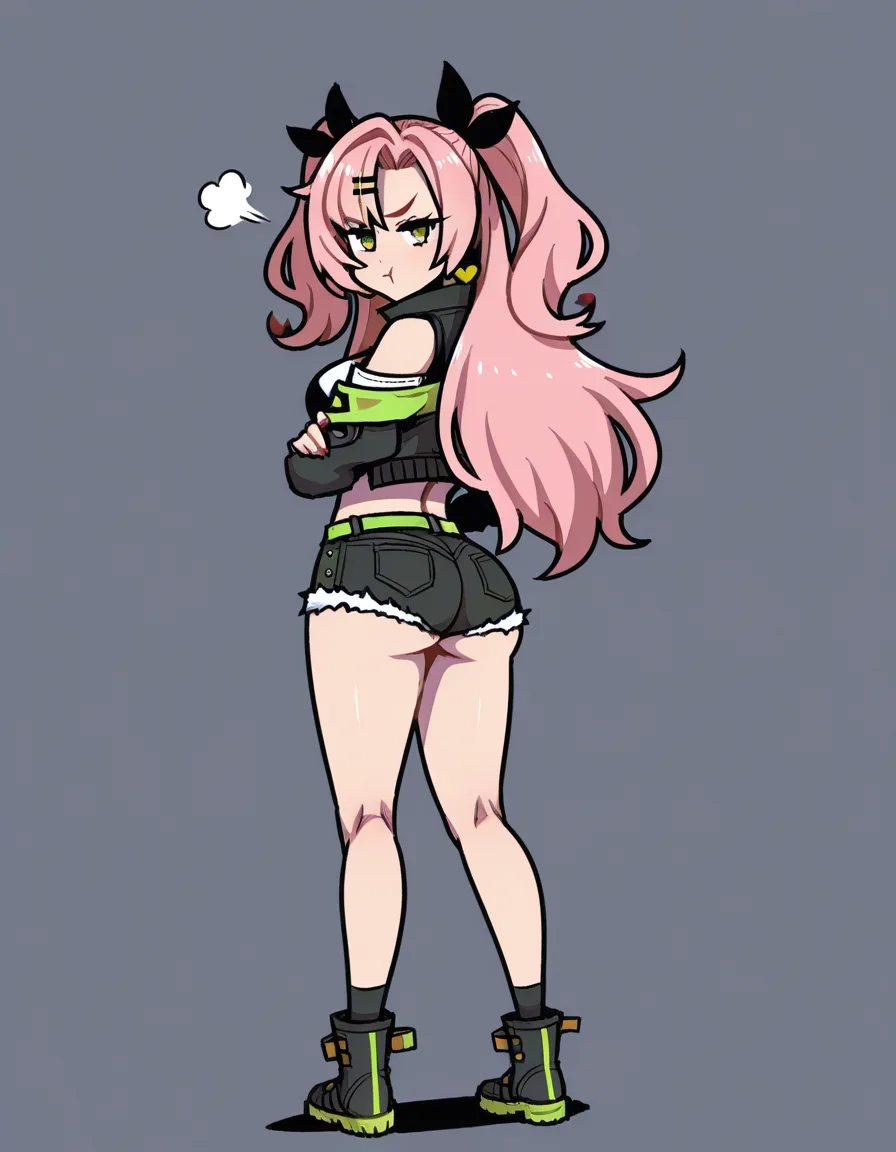 akairiot_artstyle, @nicole_demara, 1girl, solo, pout, ass, denim_shorts, black_shorts, standing, full_body, looking_at_viewer, looking_back, from_behind, hentai_studio_quality