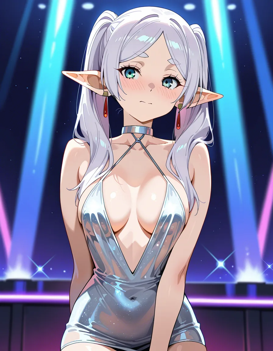 /masterpiece /ultra_detailed /highres @frieren #dress #short_dress #revealing_clothes #nightclub #embarrassed, hentai_studio_quality