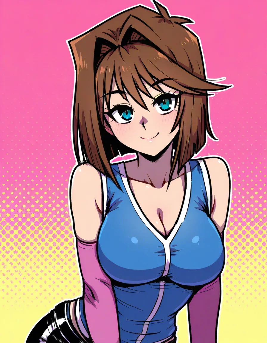 /masterpiece, /ultra_detailed, #akairiot_artstyle, @mazaki_anzu, yu-gi-oh!, yu-gi-oh!_duel_monsters, 1girl, solo, short_hair, brown_hair, blue_eyes, blush, smile, large_breasts, domino_high_school_uniform, pink_jacket, blue_skirt, skirt_lift, lifting_own_clothes, ass, no_panties, full_body, standing, looking_back, from_behind, hentai_studio_quality