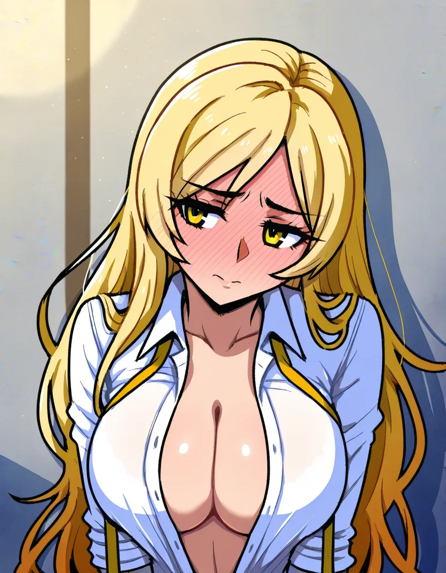 /masterpiece, /ultra_detailed, #akairiot_artstyle, @tomoe_mami_(magical_girl), 1girl, solo, hair_down, long_hair, blonde_hair, yellow_eyes, full-face_blush, embarrassed, large_breasts, cleavage, white_shirt, open_clothes, untied_ribbon, yellow_ribbon, brown_corset, lying, on_back, on_bed, looking_at_viewer, from_above, hentai_studio_quality