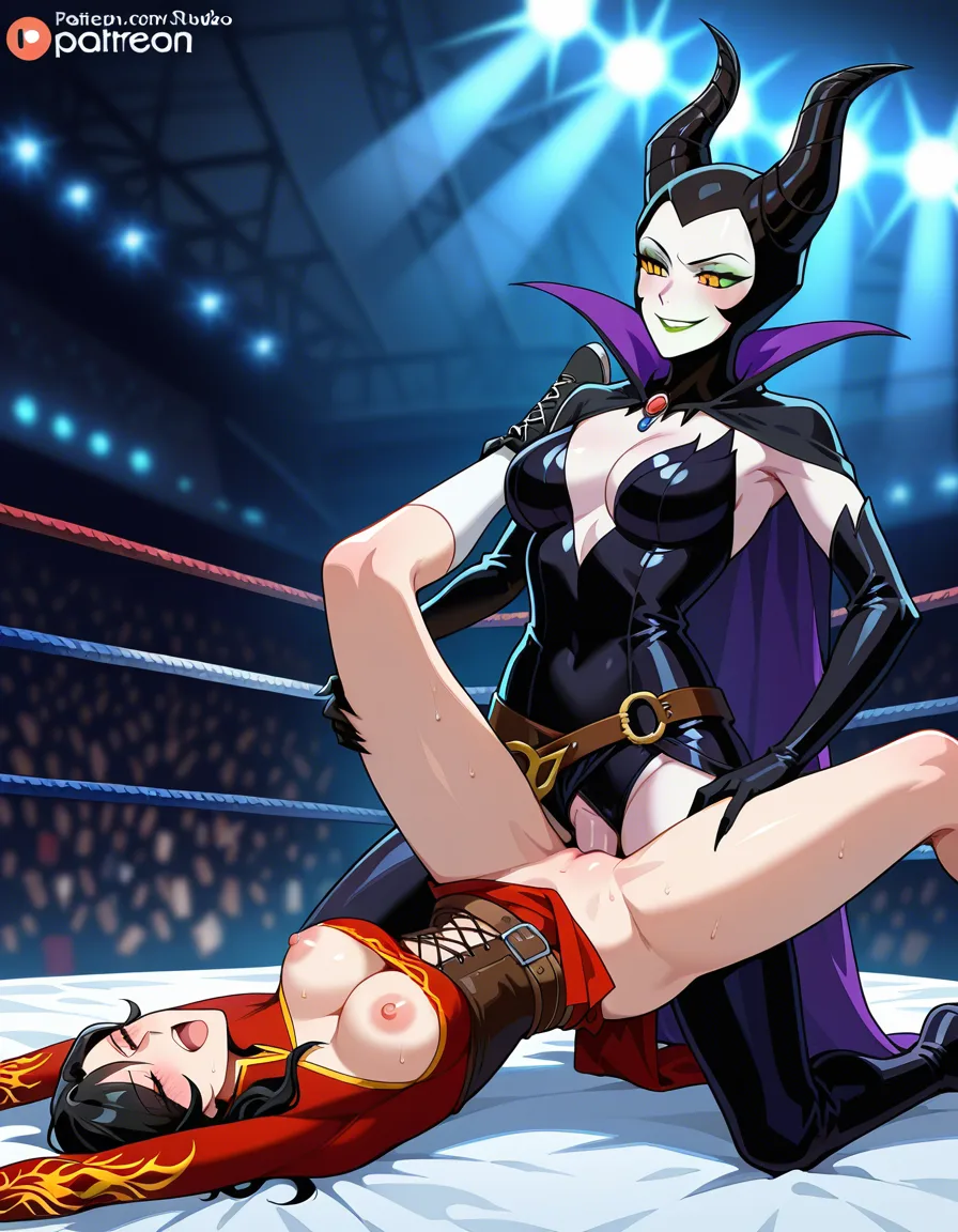 2girls, wrestling, Maleficent, cinder_fall_(rwby) , strapon, vaginal, yuri, sex, hentai_studio_quality, hentai_studio_quality