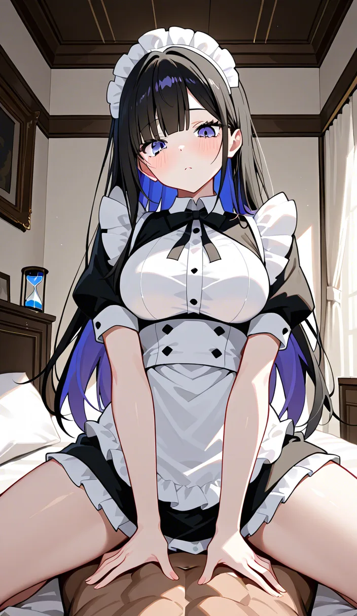 sharp focus, 8k uhd, maid, hourglass figure, white shirt, cowgirl position, pillow, natural skin texture