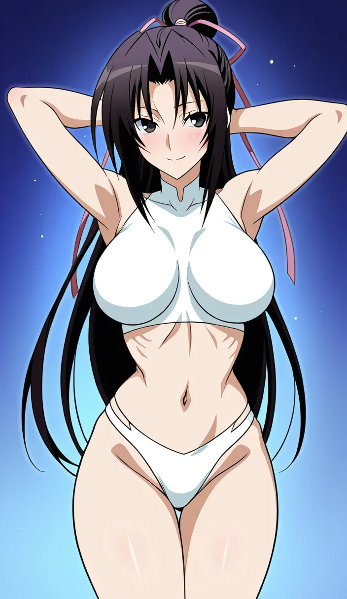 kazehana, sekirei, 1girl, black eyes, black hair, long hair, ponytail, hair ribbon, smile, front view, large breasts, thighs, hips, midriff, navel, ribs, then put her arms behind her head/neck, Anime style, young woman with hair in a messy bun, eyes, slight blush, looking looking_at_viewer,. Wearing a tight white tank top that emphasizes her extremely large breasts, yellow panties with single small purple ribbon, crotch_seam, panty crotch. sexy, low-angle view, showing her panty crotch on you, camera point of view (zoomed in to show her panty crotch: 3:3x), (super low angle view 7:9x), hentai_studio_quality,, hentai_studio_quality