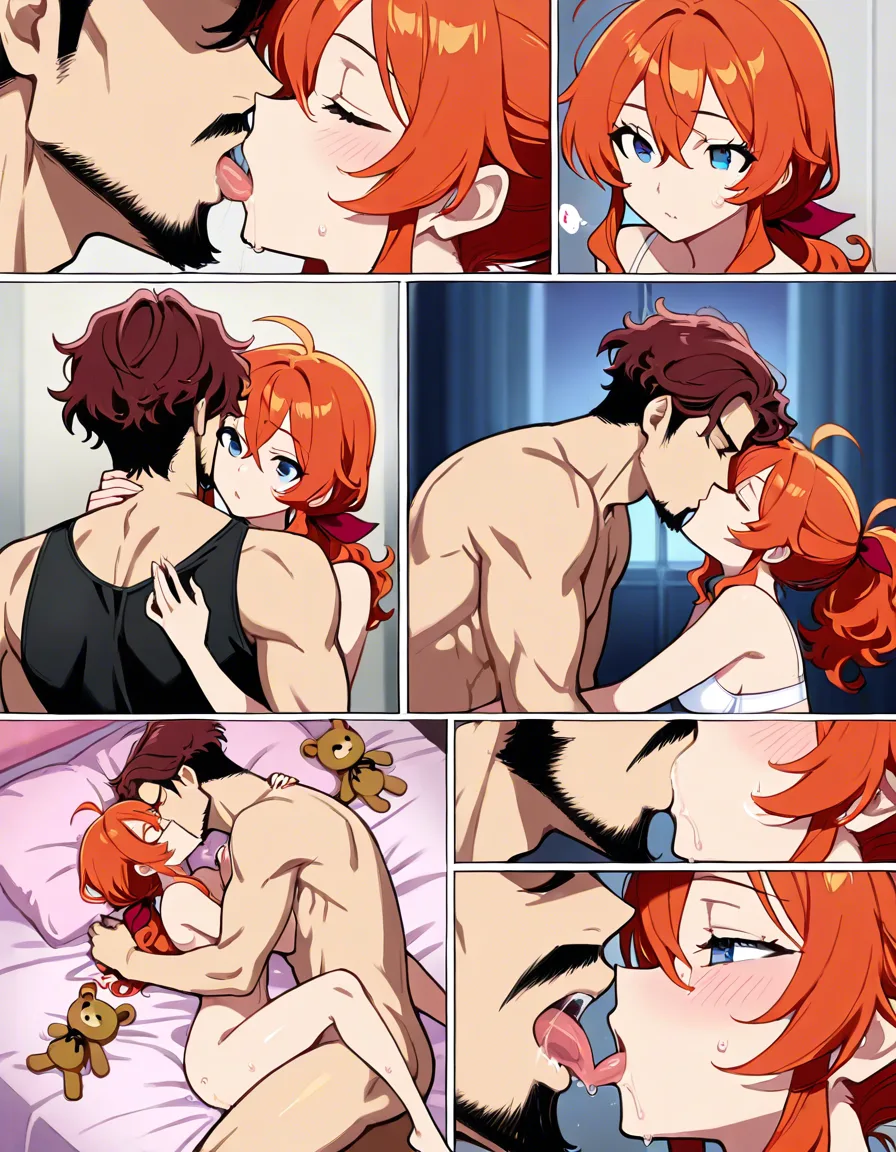 1girl with orange ponytail hair tied in red hair_ribbon wearing white bra, 1guy with dark brown wavy surfer hair with facial hair wearing black tank top and nude bottom, height_difference, lustful expressions 

Sex in cute girlie room, sex on pink bed, stuffed animals on bed

kissing, intense kissing, wet with saliva kissing, sharing saliva, french_kiss, breasts_out, nipples, breast massage, breast_sucking, erect penis, dripping pussy, drunk 

Masterpiece, multiple positions, multiple frames, hentai_studio_quality