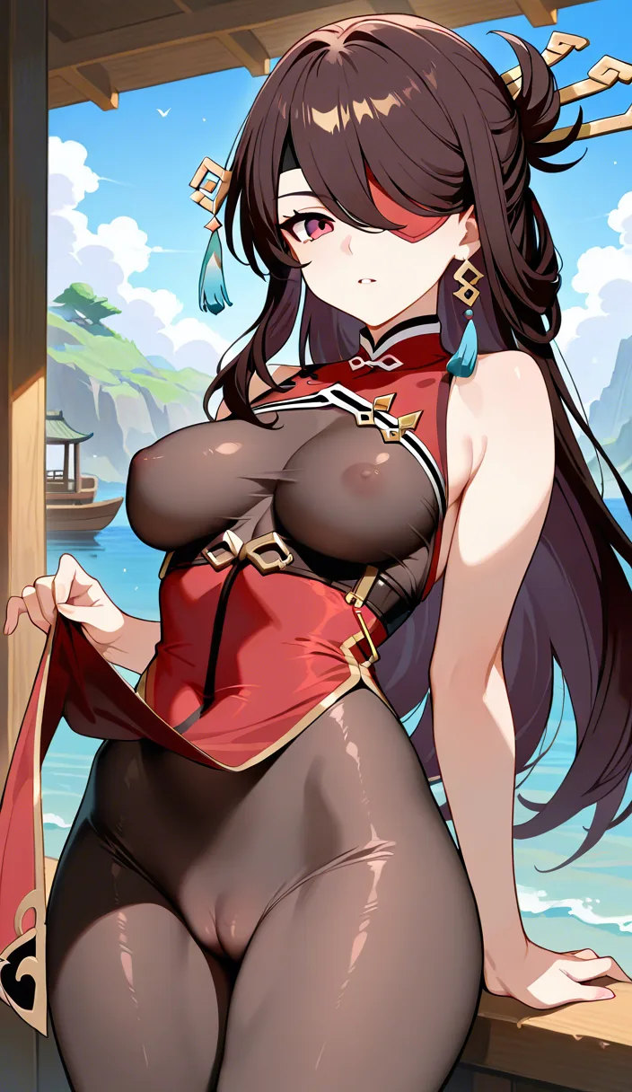 Masterpiece, 1girl, Beidou character from genshin impact , look at viewer, Medium
breasts, outfit, pull cheongsam away to show cameltoe, Brave Smile, Cameltoe, lightweight body, boat background .,,, value:0.1 for: hentai_studio_quality.,,,,.,,, hentai_studio_quality, hentai_studio_quality, hentai_studio_quality, hentai_studio_quality, hentai_studio_quality, hentai_studio_quality