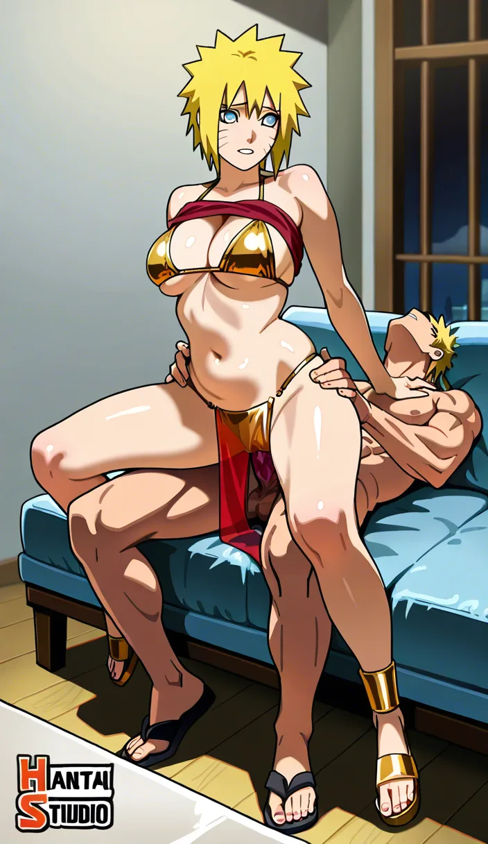 @Naruto Uzumaki, nude, @katara (avatar), harem belly dancer, See through red and gold bikini top gold panties See through red loin cloth gold Sandals, clothes_lift, sex_from_behind, open legs, reverse cowgirl_position, vaginal, 3/4 view, couch, room, hentai_studio_quality