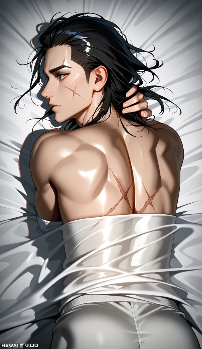RAW photo, ultra realistic, male focus, hair pull, scar, bed sheet, film photography