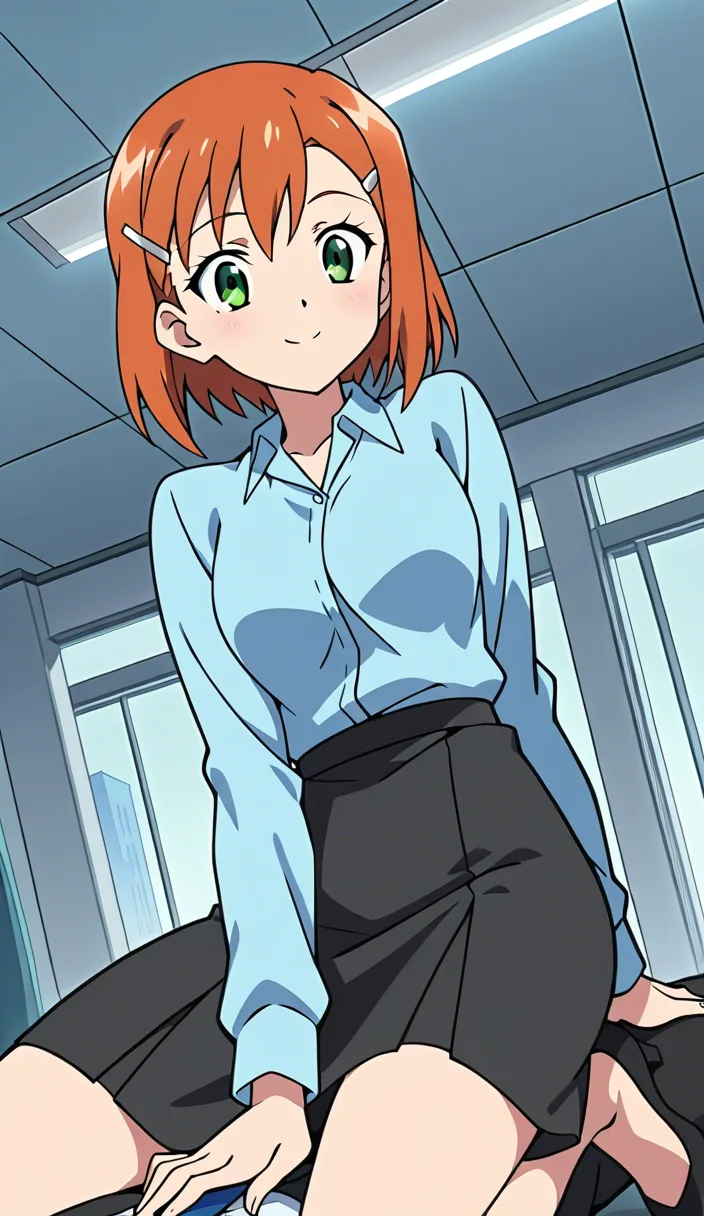 ultra HD, lifelike, office lady, hairclip, black skirt, cowgirl position, cool tones, film photography