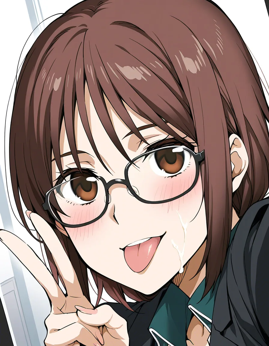 a cute nerdy girl with brown hair and glasses after recieving a facial from her boyfriend in the woods brown_hair brown_eyes glasses facial tongue_out selfie v, hentai_studio_quality