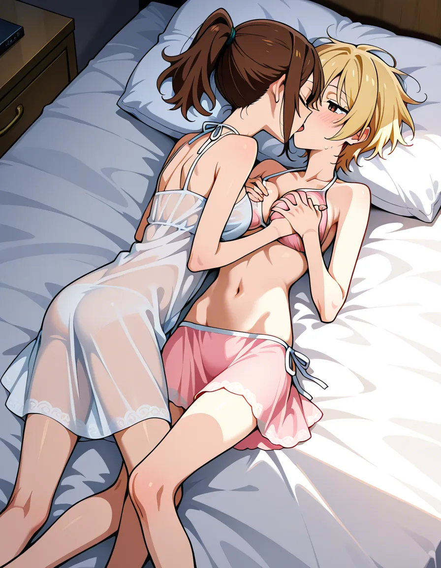 one women skinny, nightdress, ponytail brown hair, french_kiss, one women bikini_under_clothes, blond short hair, lying bed, hands on breast under clothes,, hentai_studio_quality, hentai_studio_quality, hentai_studio_quality