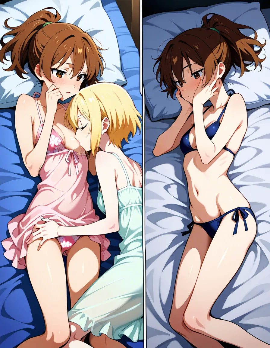 one women skinny, nightdress, ponytail brown hair, small_breasts , breast_sucking , one women bikini_under_clothes, blond short hair, lying bed, hands_on_own_face ,, hentai_studio_quality, sucking sex, hentai_studio_quality