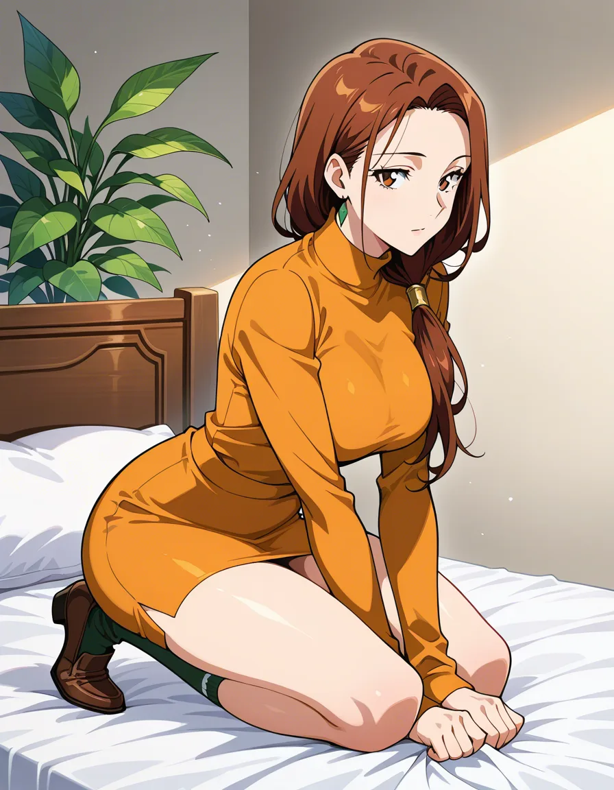 best quality, polished, milf, brown footwear, socks, kneeling on bed, leaf, anime style, hentai_studio_quality