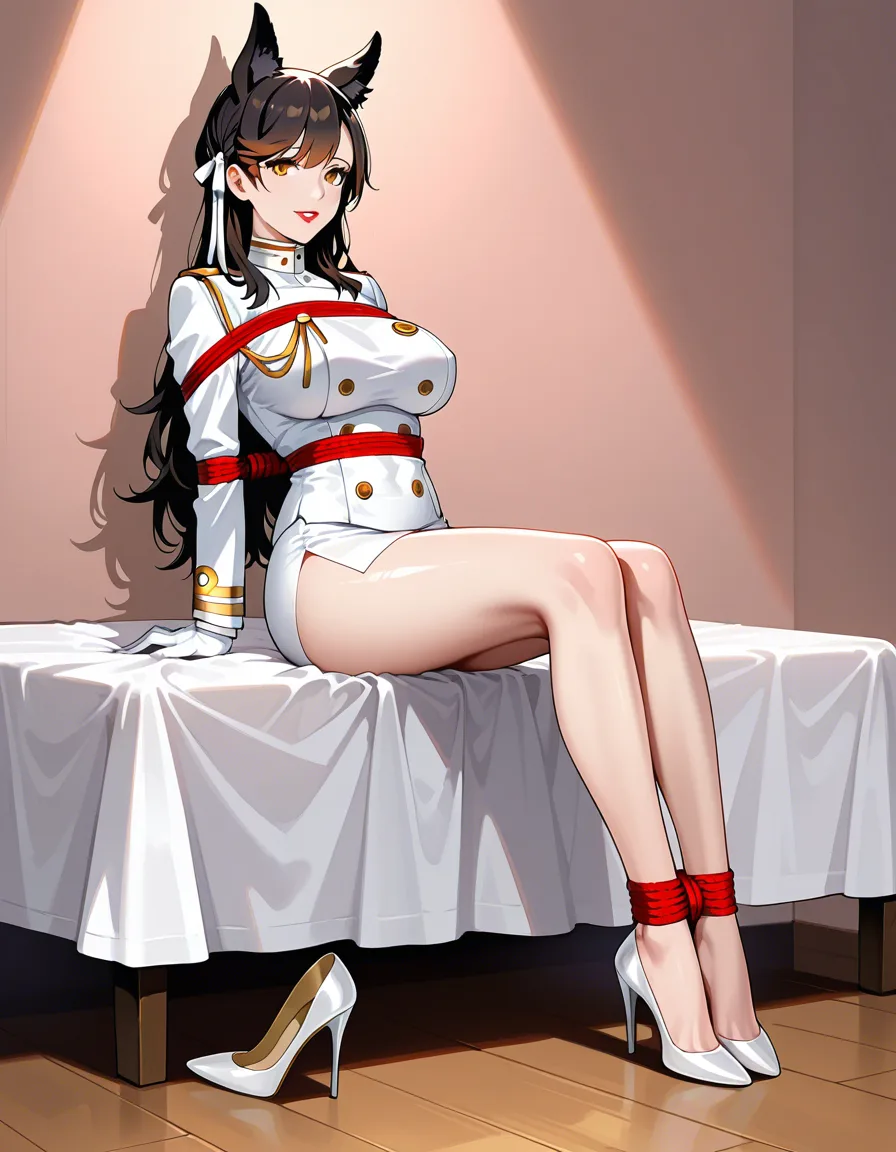 best quality, hyperrealistic, brunette woman, blonde hair, white gloves, bondage, atago , azur lane, animal_ears high_heels lipstick, hentai_studio_quality