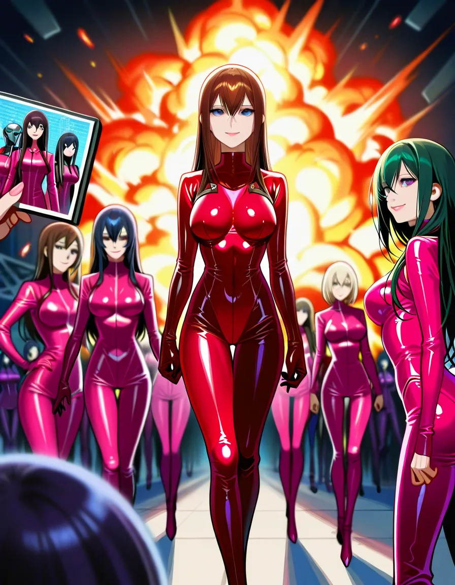 PROMPT
@makise_kurisu walking, #6+girls , smile, BDSM, femdom, pink_latex_dress, scientist, robot, explosion, score_9, score_8, candid photo, realistic skin texture, visible skin pores, film grain, depth of field, hentai_studio_quality